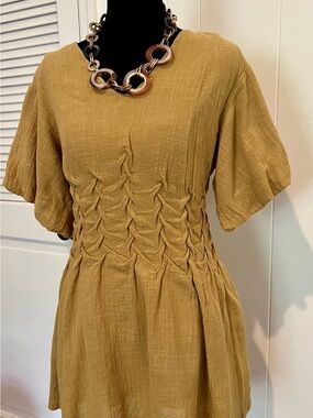Women’s Size Small Mini Dress.  Mustard Color, Ruched Waist with puff sleeves.